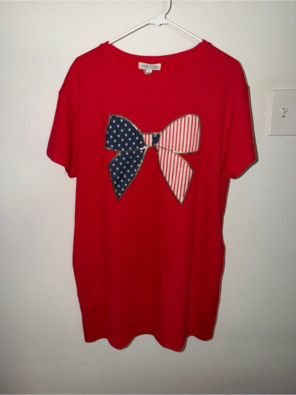 She + Sky Red Short Sleeve T-Shirt Dress with Patriotic Bow NWT